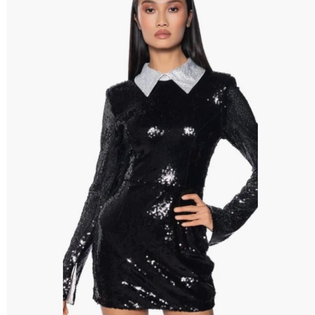 Elegant Black Sequin Dress With Silver Collar